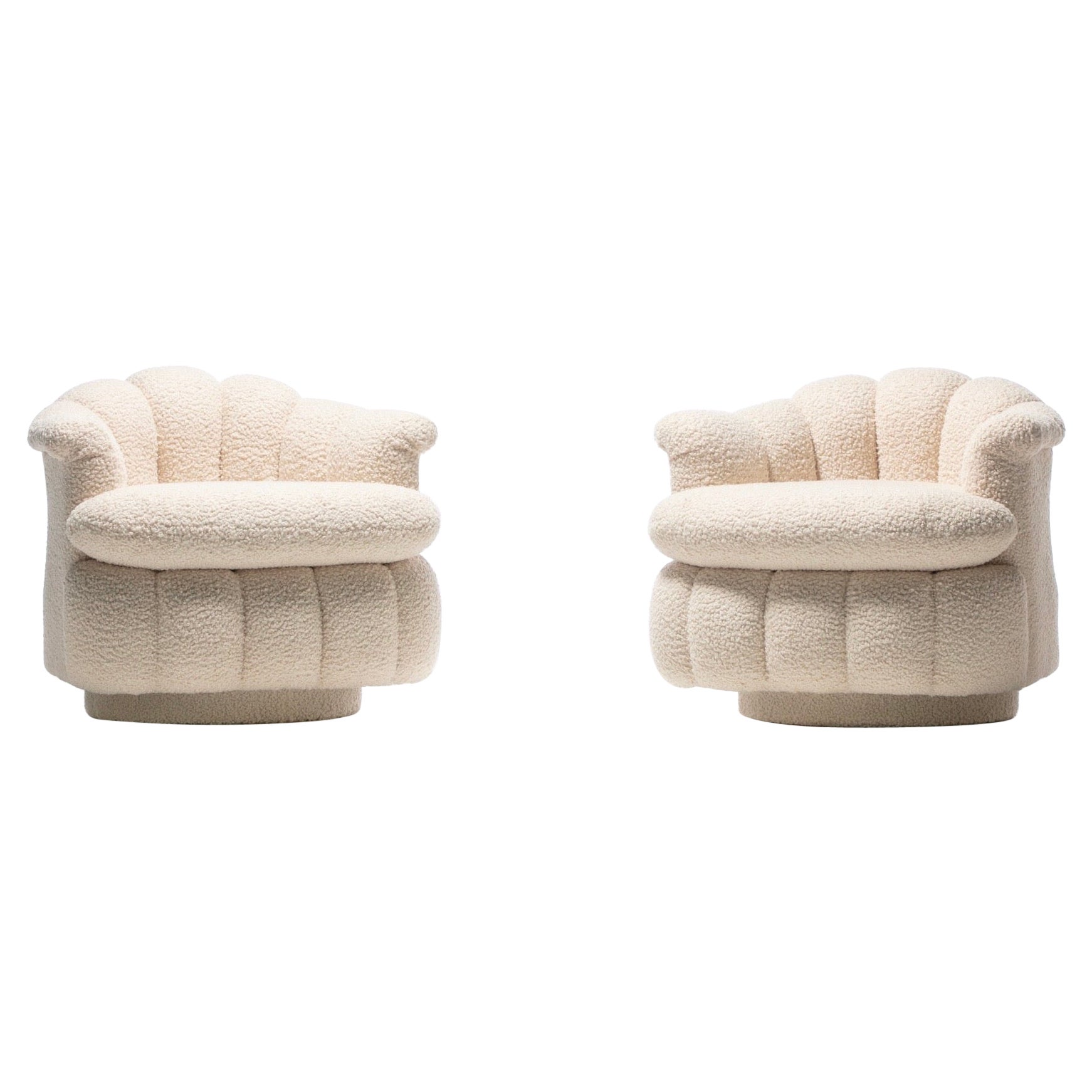 Post Modern Ivory White Bouclé Clam Shell Swivel Lounge Chairs For Sale