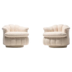 Post Modern Ivory White Bouclé Clam Shell Swivel Lounge Chairs