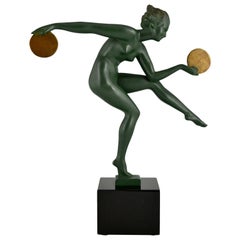 Art Deco Skulptur nackter Scheibentänzer Derenne:: Marcel Bouraine Frankreich 1930