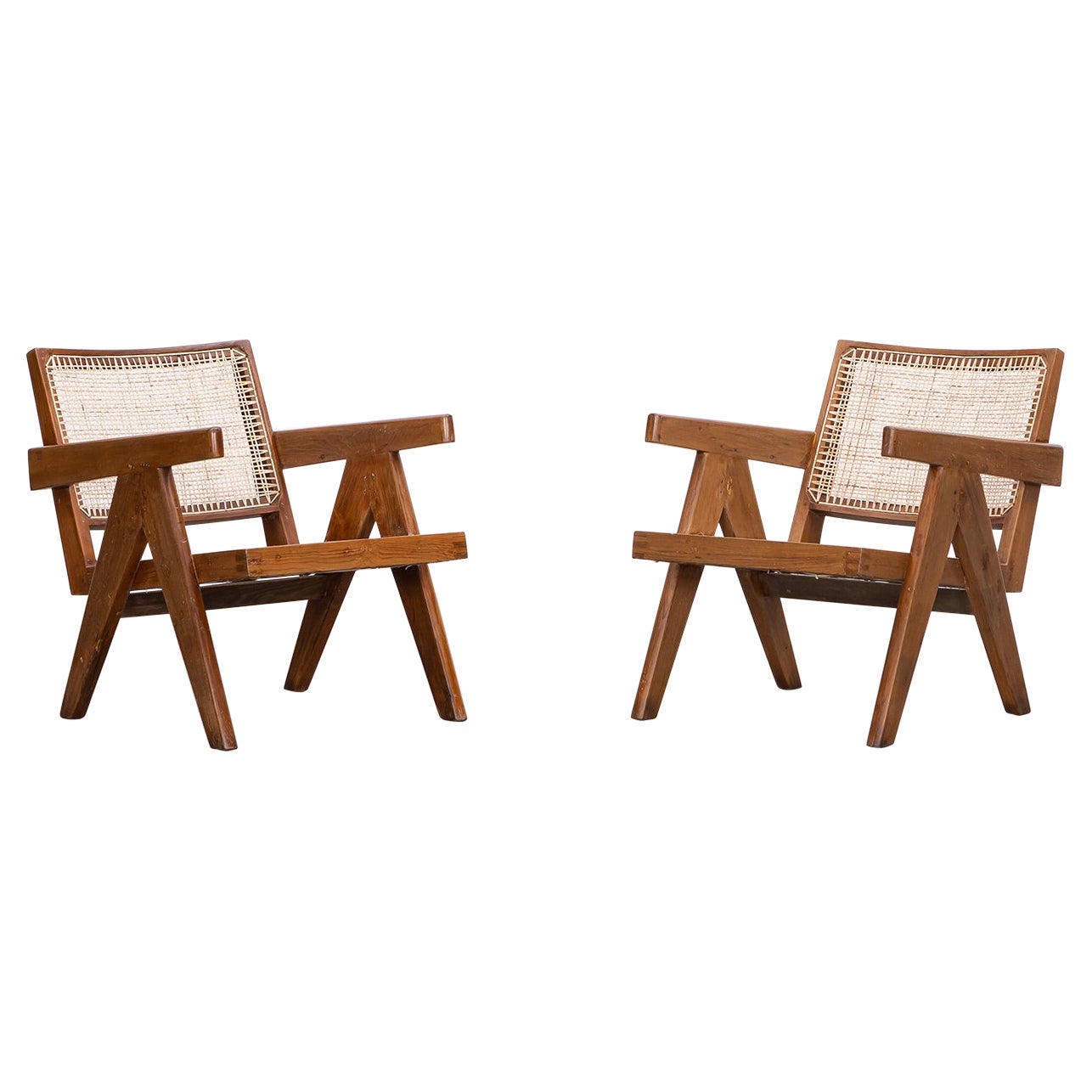 1950s Brown Wooden Teak and Cane Lounge Chairs by Pierre Jeanneret 'l' For Sale