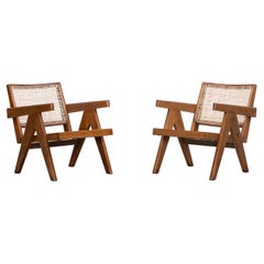 1950s Brown Wooden Teak and Cane Lounge Chairs by Pierre Jeanneret 'l'