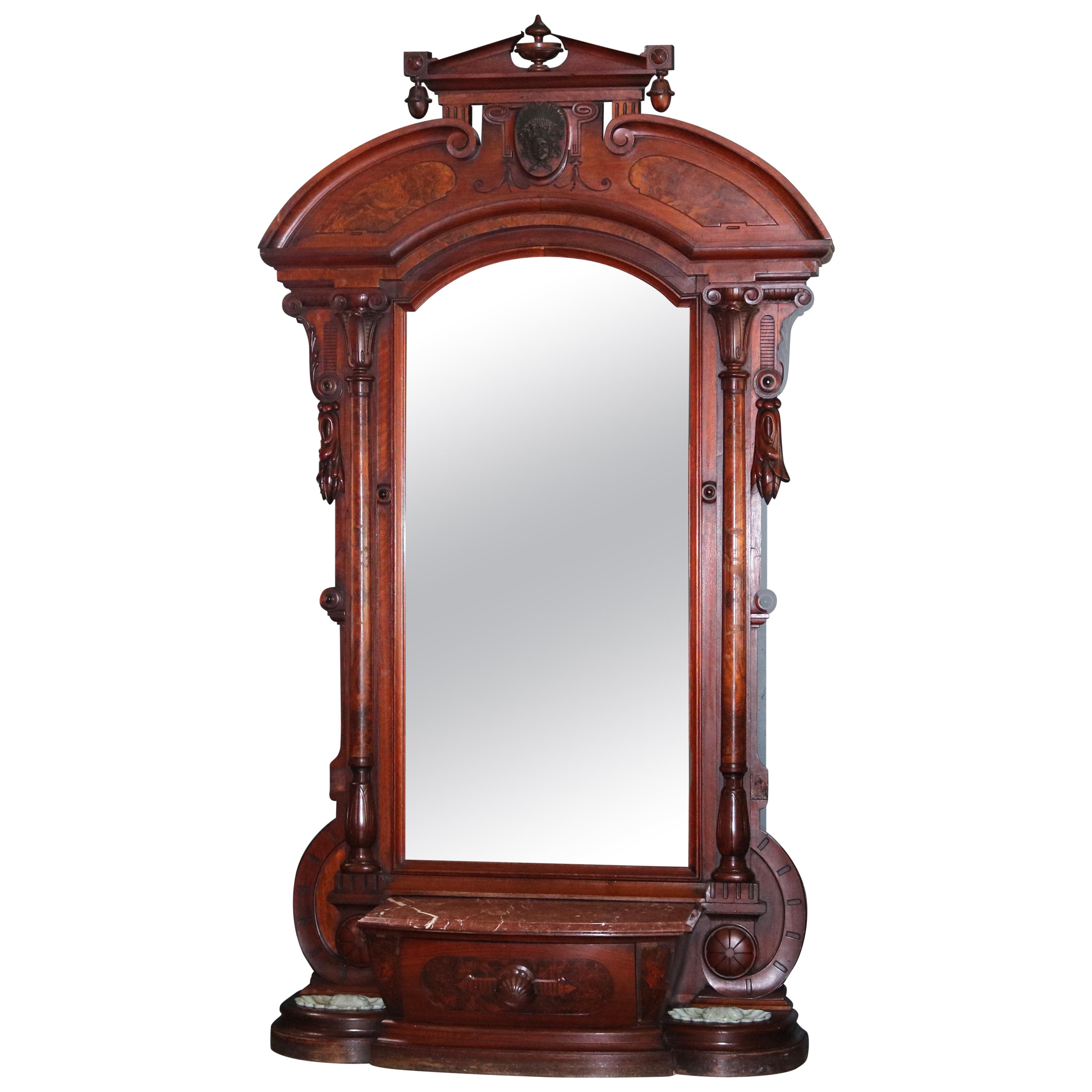 Monumental Antique Jelliff Renaissance Revival Figural Walnut & Burl Pier Mirror