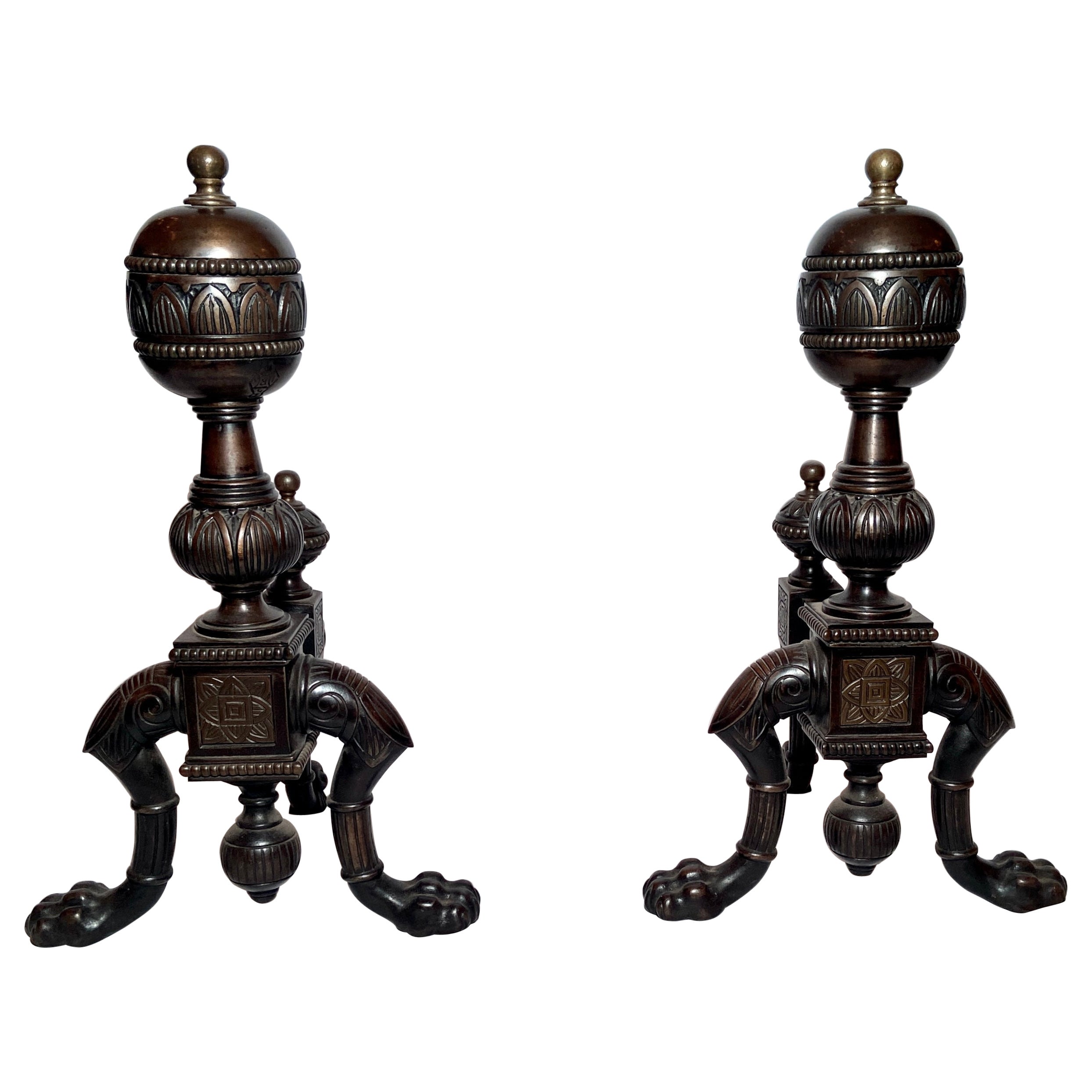 Pair Antique English Egyptian Revival Patinated Bronze Andirons, Circa 1880 For Sale