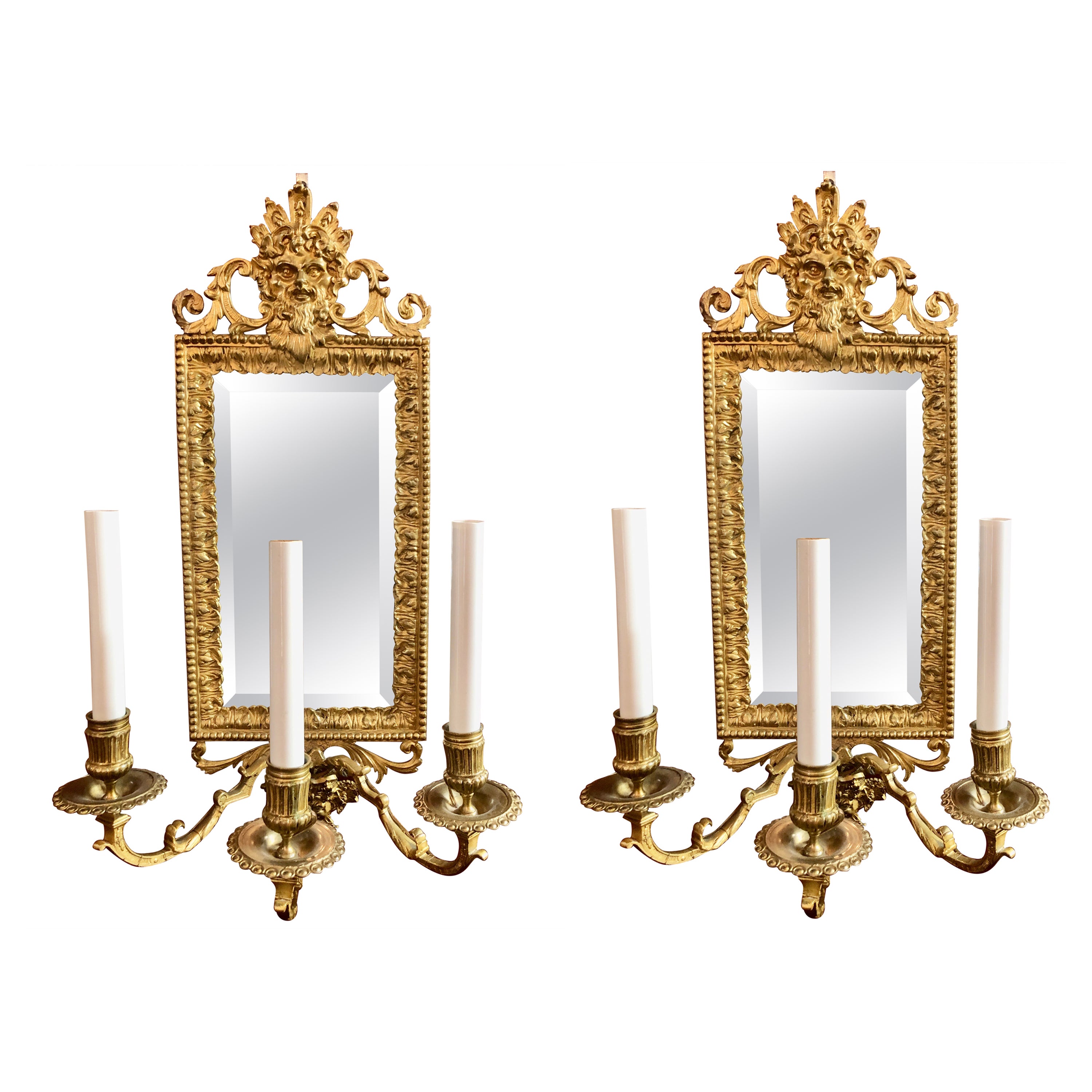Pair Antique 19th Century Gold Bronze and Beveled Mirror Wall Lights
