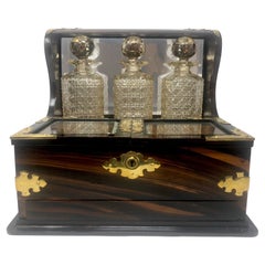 Antique English Coromandel Wood Games Box Tantalus w/ Games Pieces & Crystalware