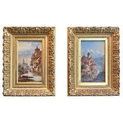 Pair Antique Oil on Canvas Paintings of Lake Maggiore & Lake Tyrol, Circa 1900.