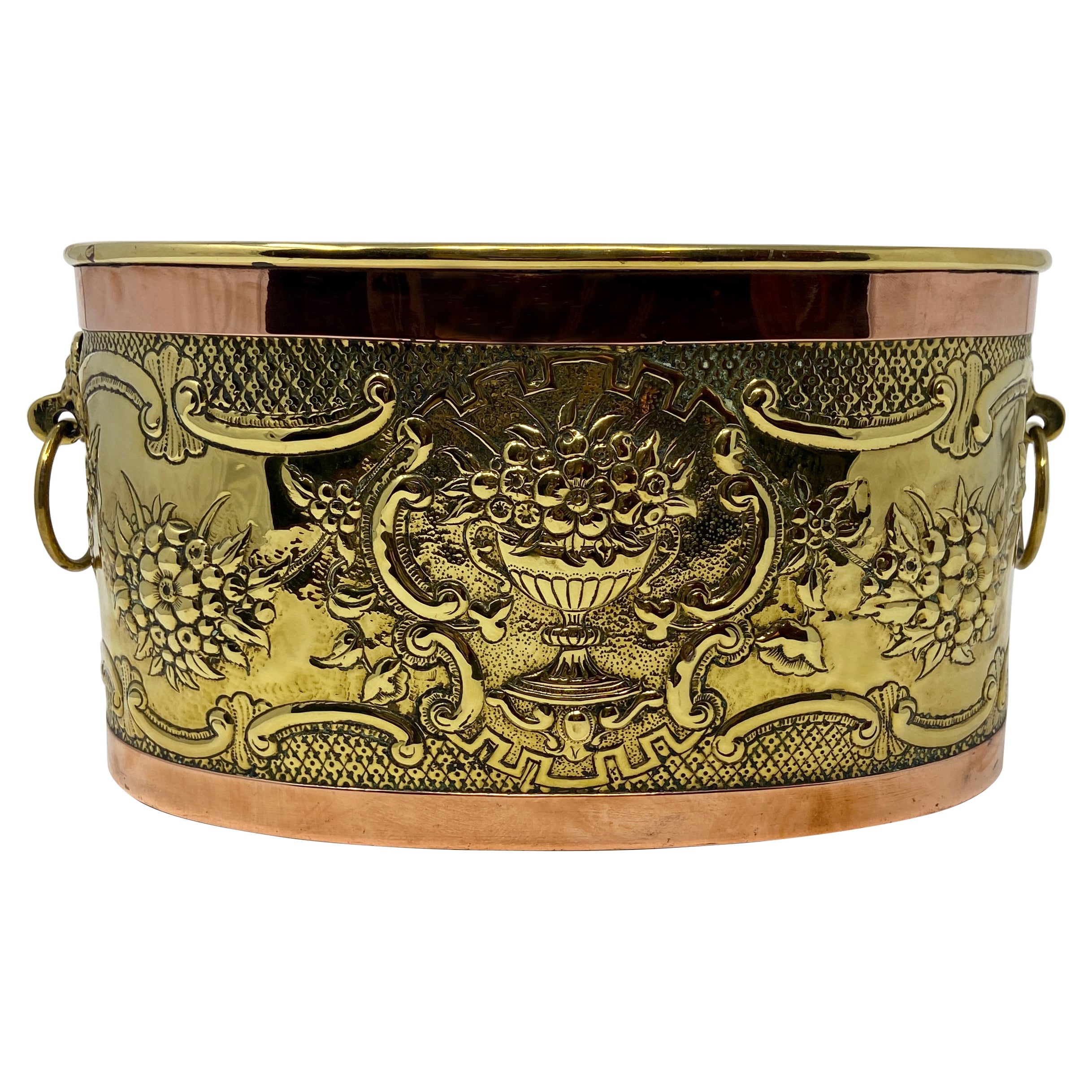 Antique Brass and Copper Oval Planter with Liner, circa 1890-1900