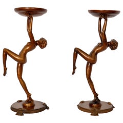 Antique Pair of French Art Deco Bronze Female Nude Dancers Statues Stands 1925