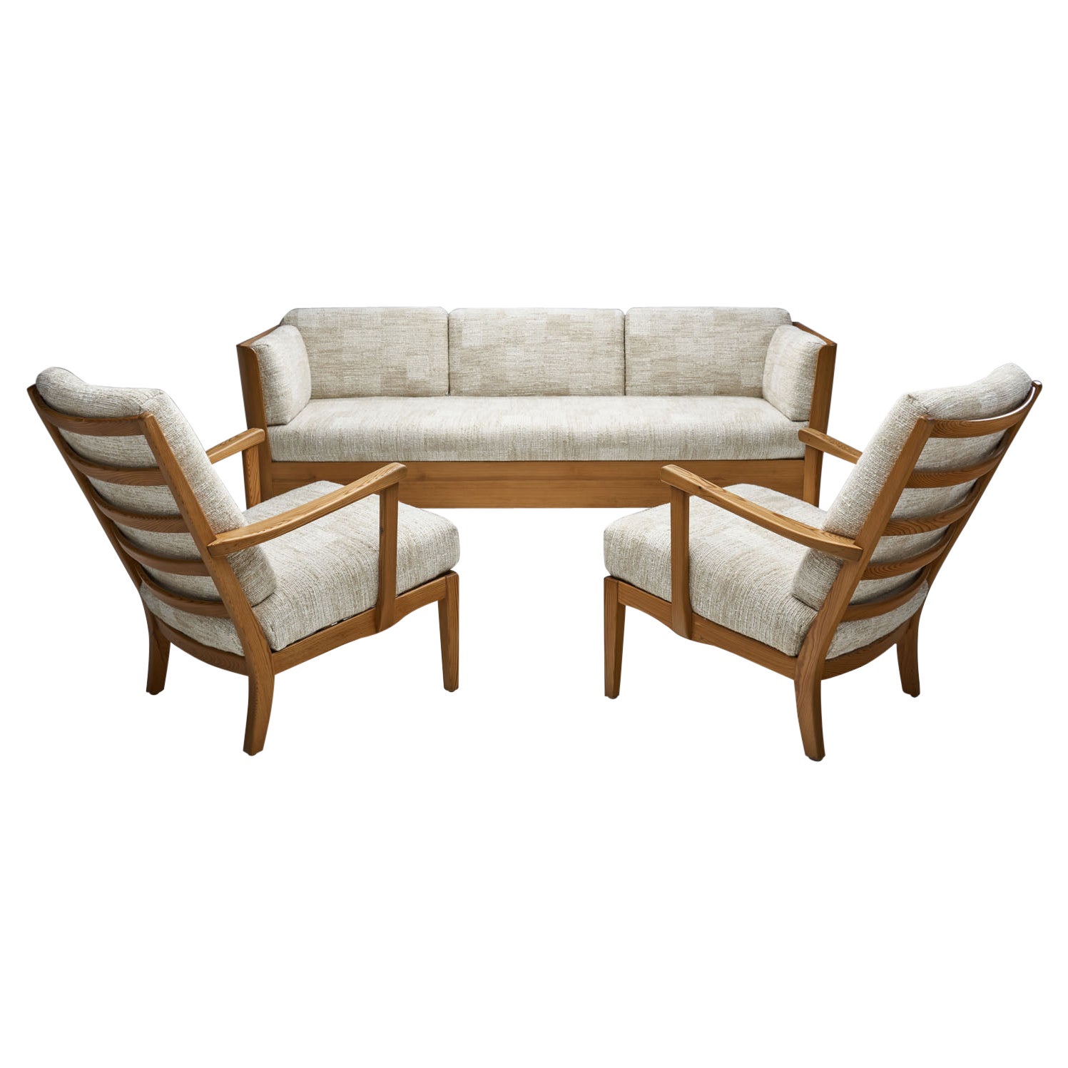 Carl Malmsten Pine Sofa Bed and “Visingsö” Armchairs, Sweden 1940s