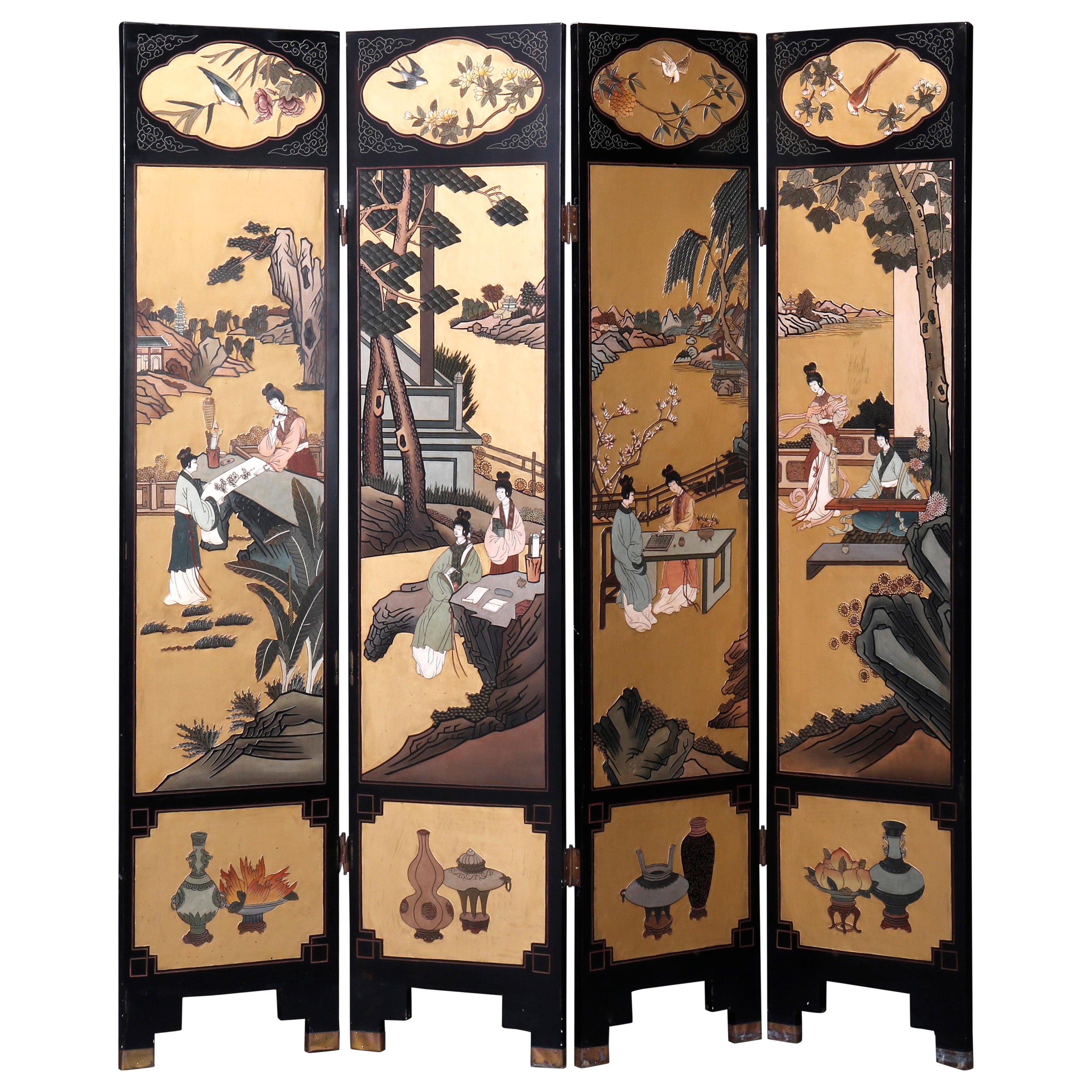 Chinese Ebonized Decorated & Carved in Relief 4 Panel Dressing Screen, 20th C
