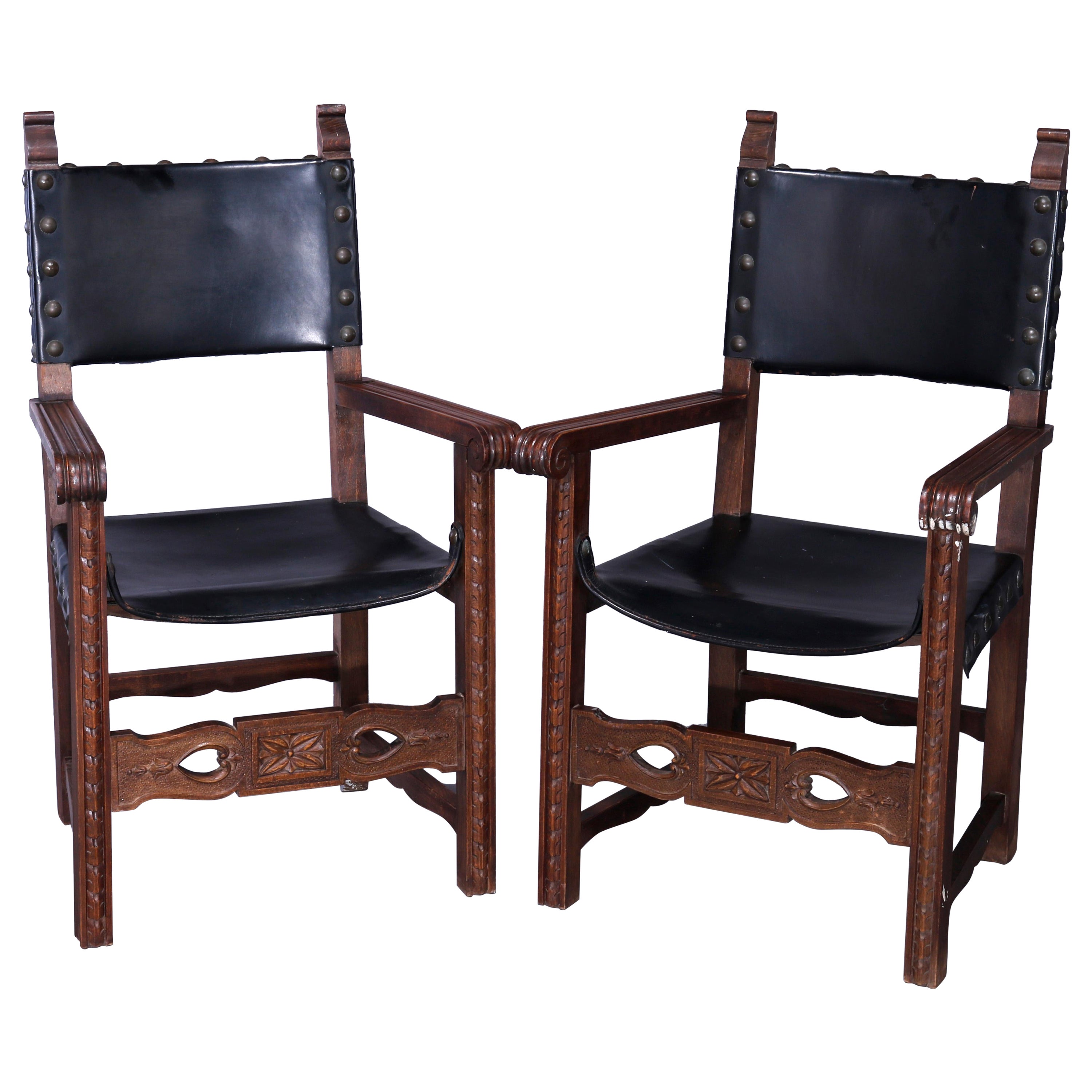Antique Pair of Continental Jacobean Carved  Walnut & Leather Chairs, Circa 1900