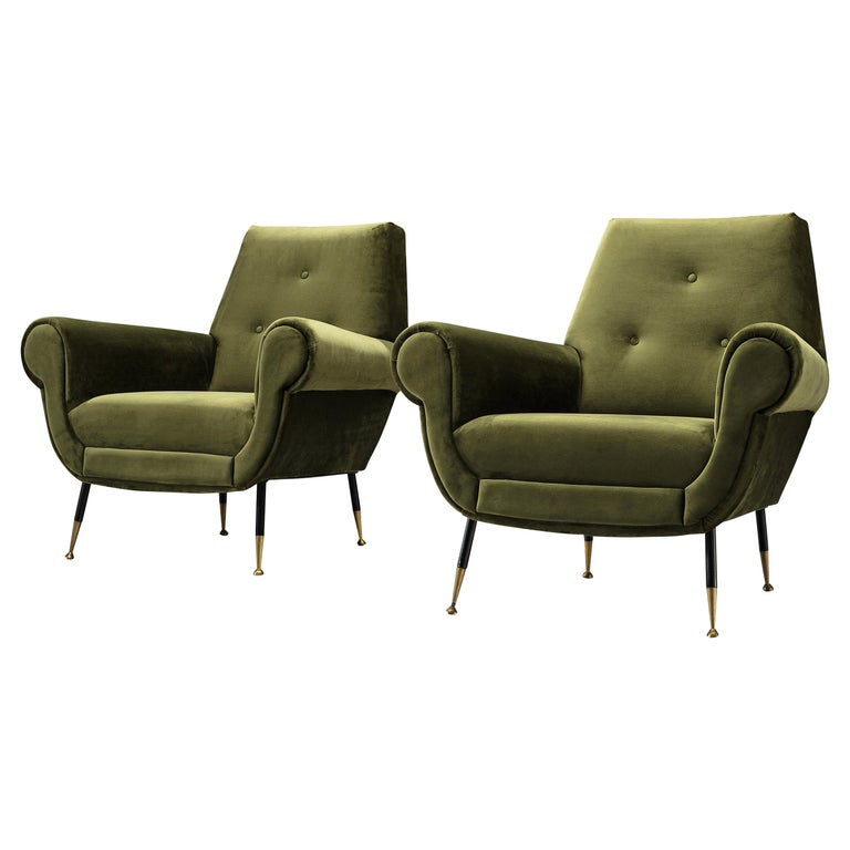 Italian Pair of Lounge Chairs in Green Velvet Upholstery and Brass Feet at 1stDibs green