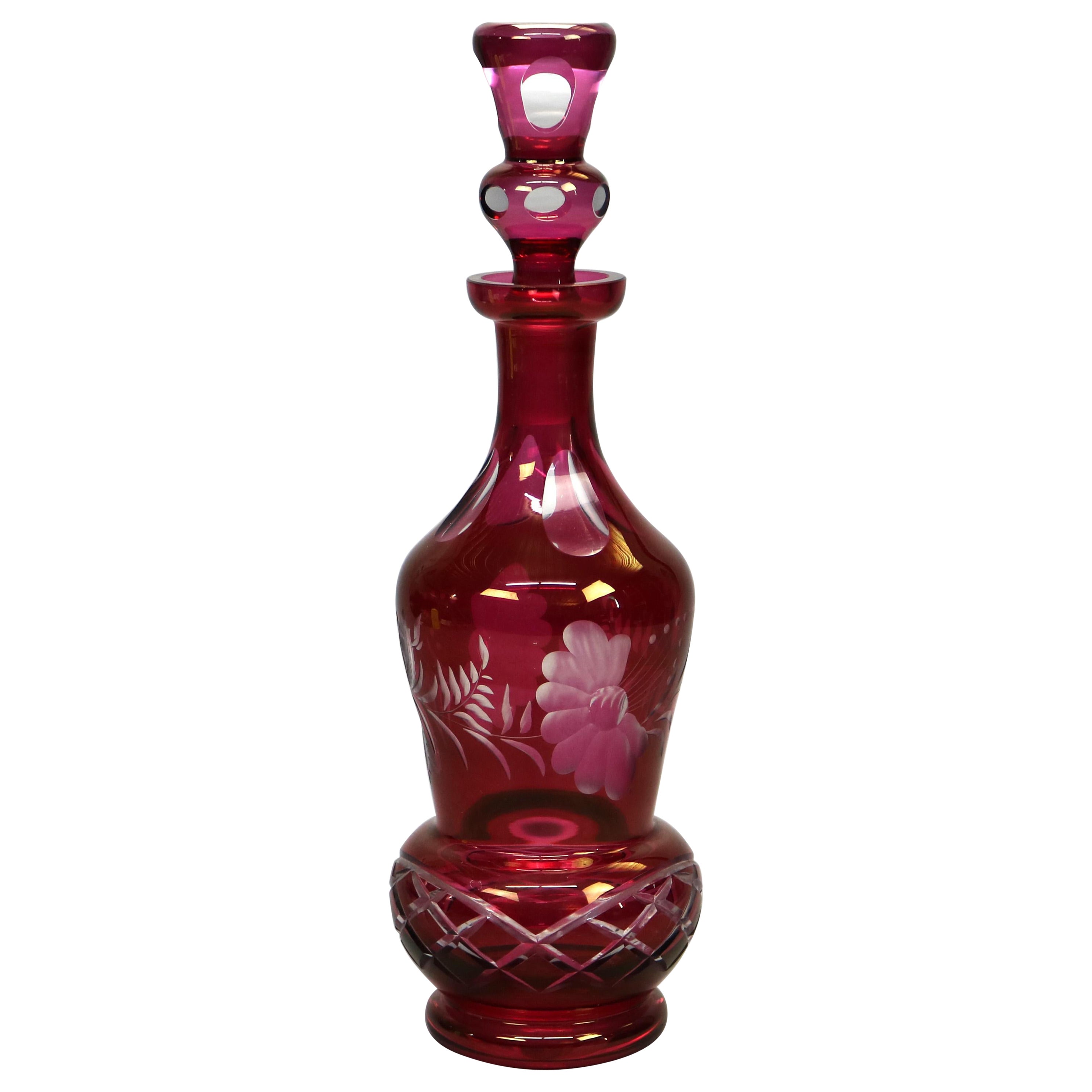 Oversized Victorian Bohemian Cut to Clear Cranberry Glass Decanter, Circa 1890