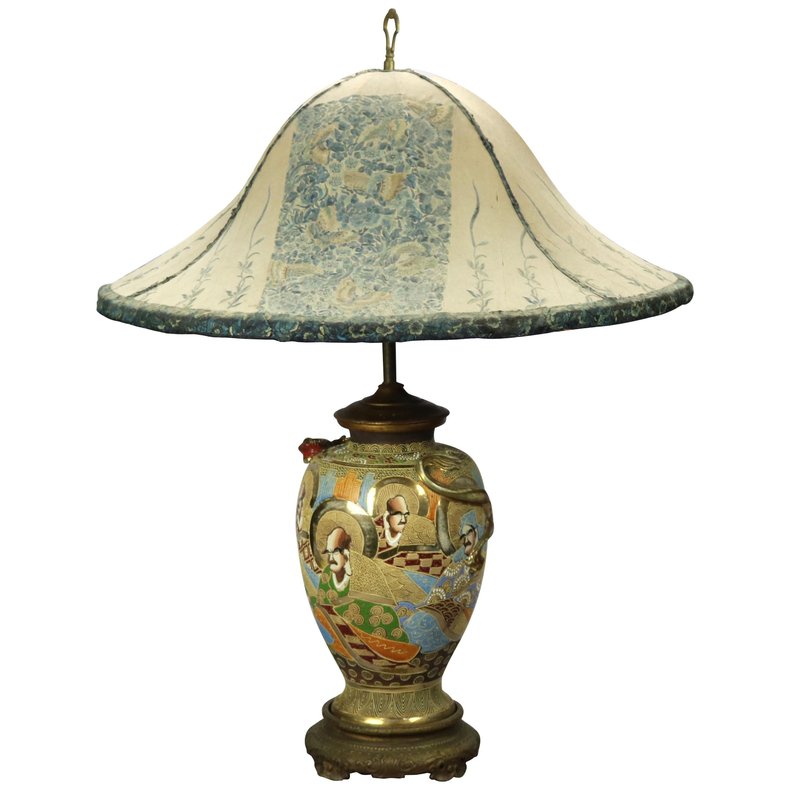 Oversized Japanese Satsuma Porcelain Table Lamp & Embroidered Silk Shade c 1930