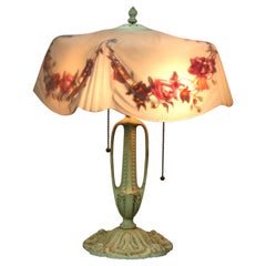 Lampe de table Pittsburgh antique peinte à l'envers avec abat-jour moulé en drap:: c 1910