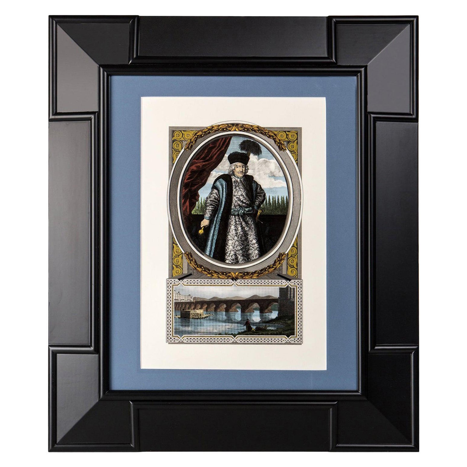 Italian Contemporary Gliceé Ottoman Print n.2 with Black Laquered Wood Frame For Sale