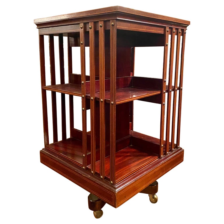 Antique English Mahogany and Satinwood Revolving Bookcase on Casters