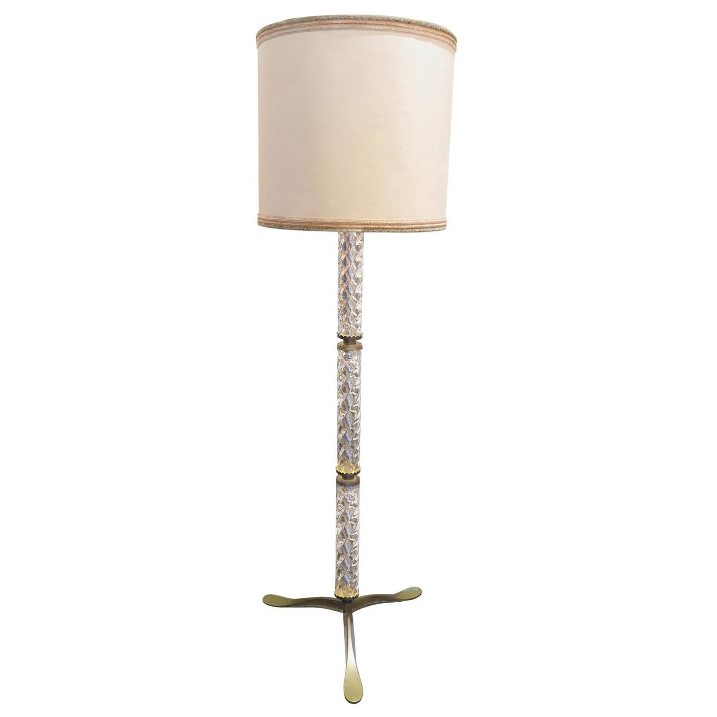 Mid-Century Floor Lamp with Murano Glass Stem and Brass Details For Sale