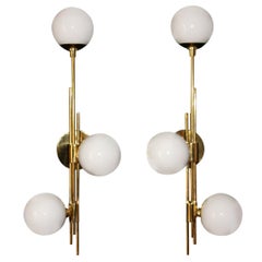 Modern Pair of Brass and White Glass Sconces, Stilnovo Style Wall Lights