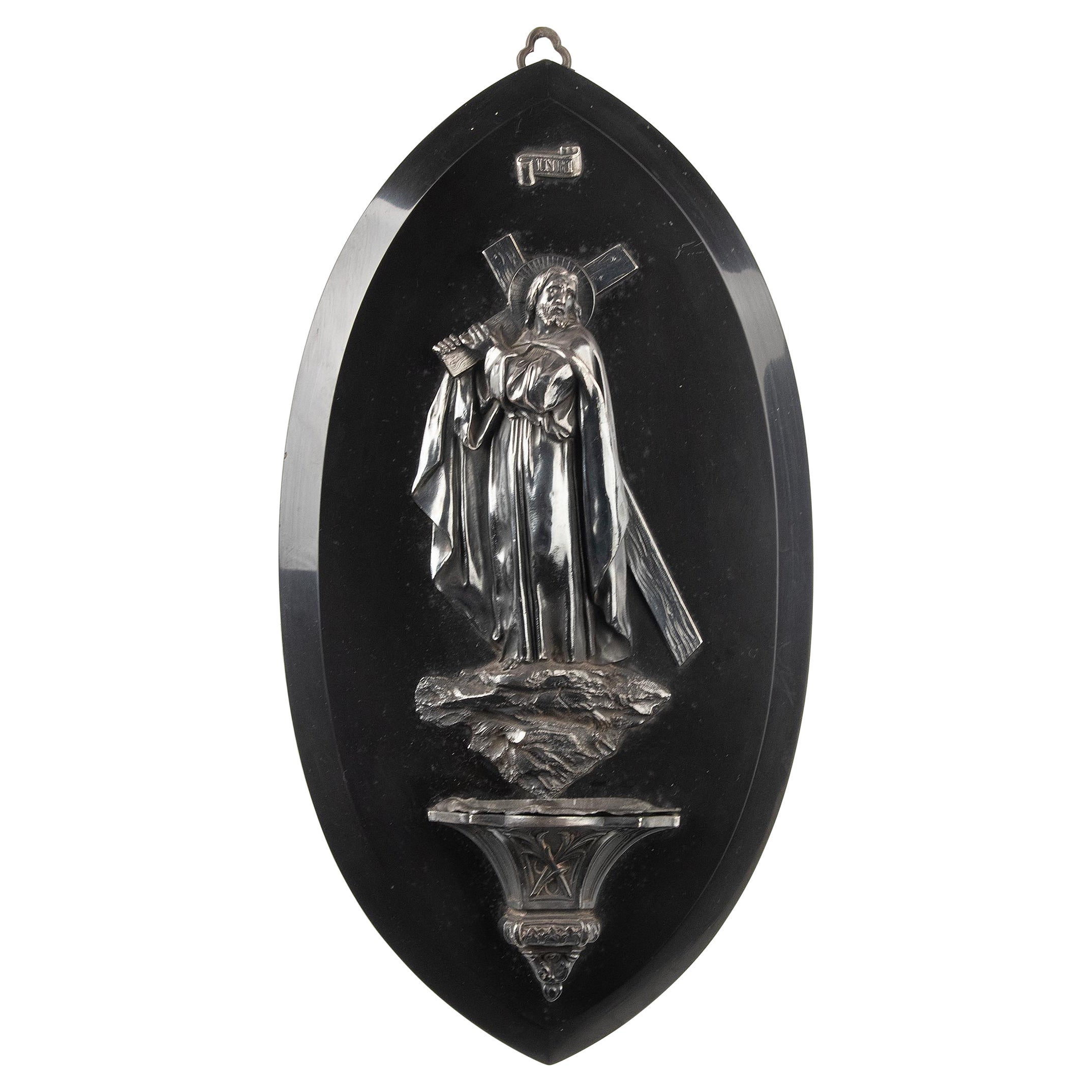 19th Century Holy Water Font Depicting Jesus Christ, Silver-Plated Brass
