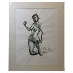 Vintage Lewis Evany Artist Gouache Painting ' Nude woman'