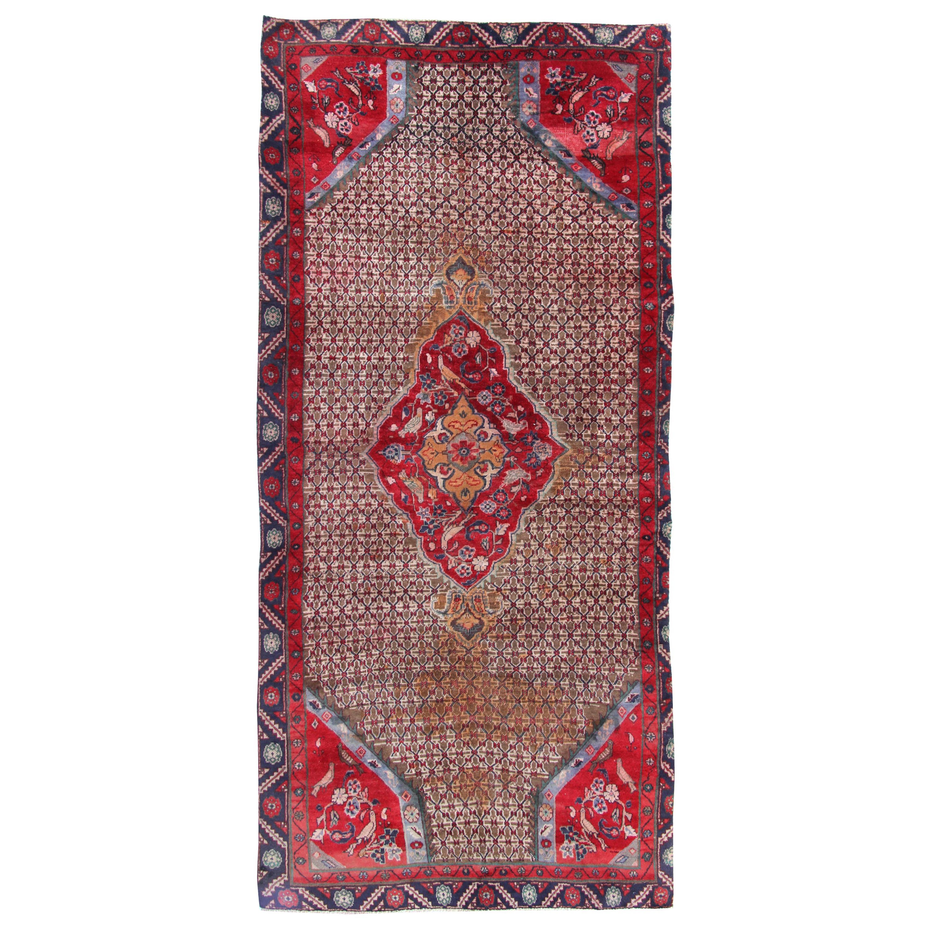 Handwoven Red Wool Runner Rug Long Traditional Oriental Vintage Carpet For Sale