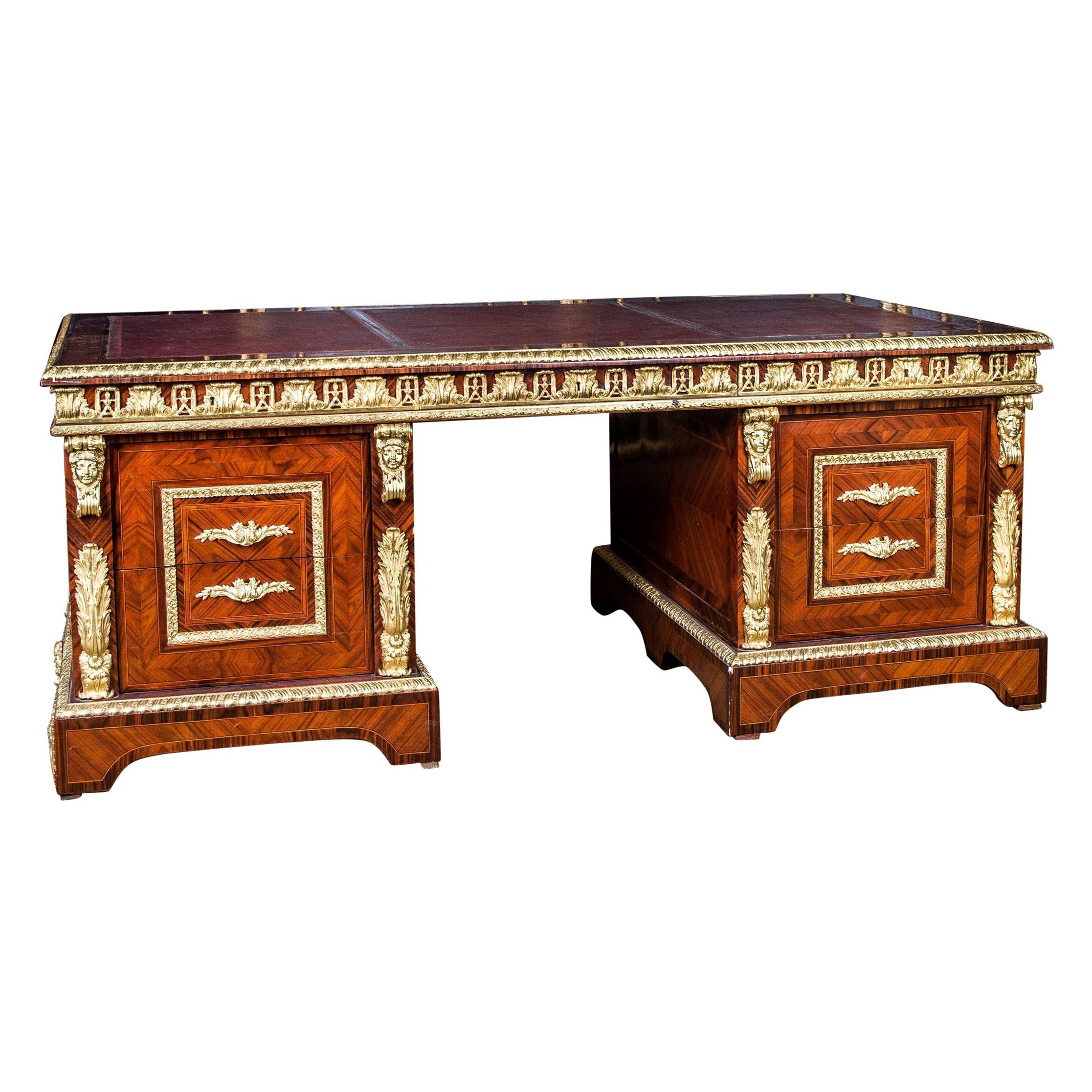 Impressive French Writing Desk in the Antique Style of Louis XIV Mahogany Bronze For Sale