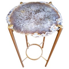 Organic Modern Brown and Gray with White Accents Geode Table with Gold Gilt Base