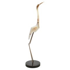 Rare Curtis Jere Heron Floor Sculpture in Alabaster with Brass Legs