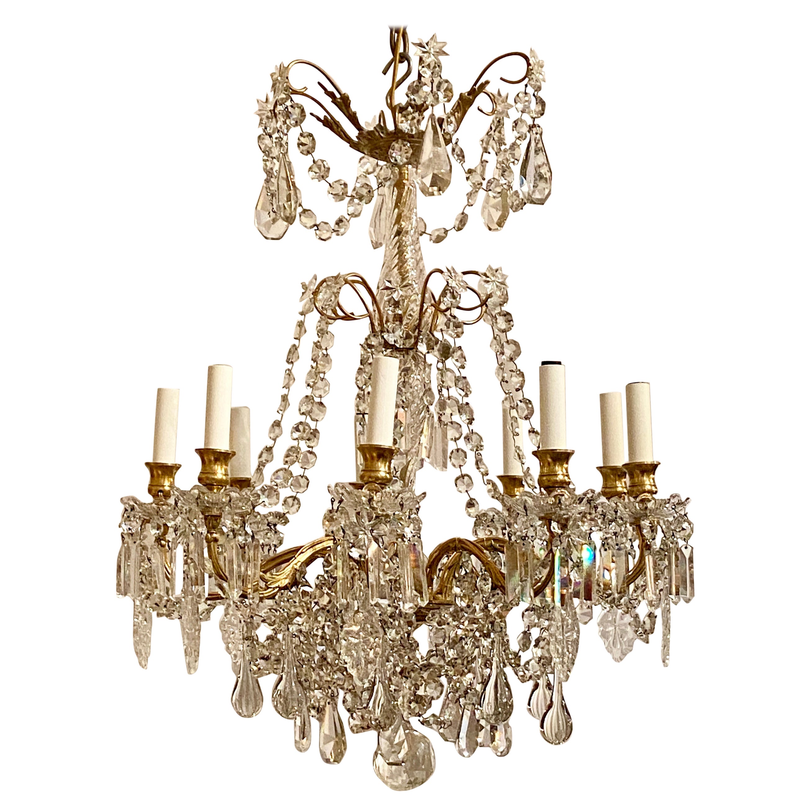 Antique French Fine Crystal and Gold Bronze 9-Light Chandelier For Sale