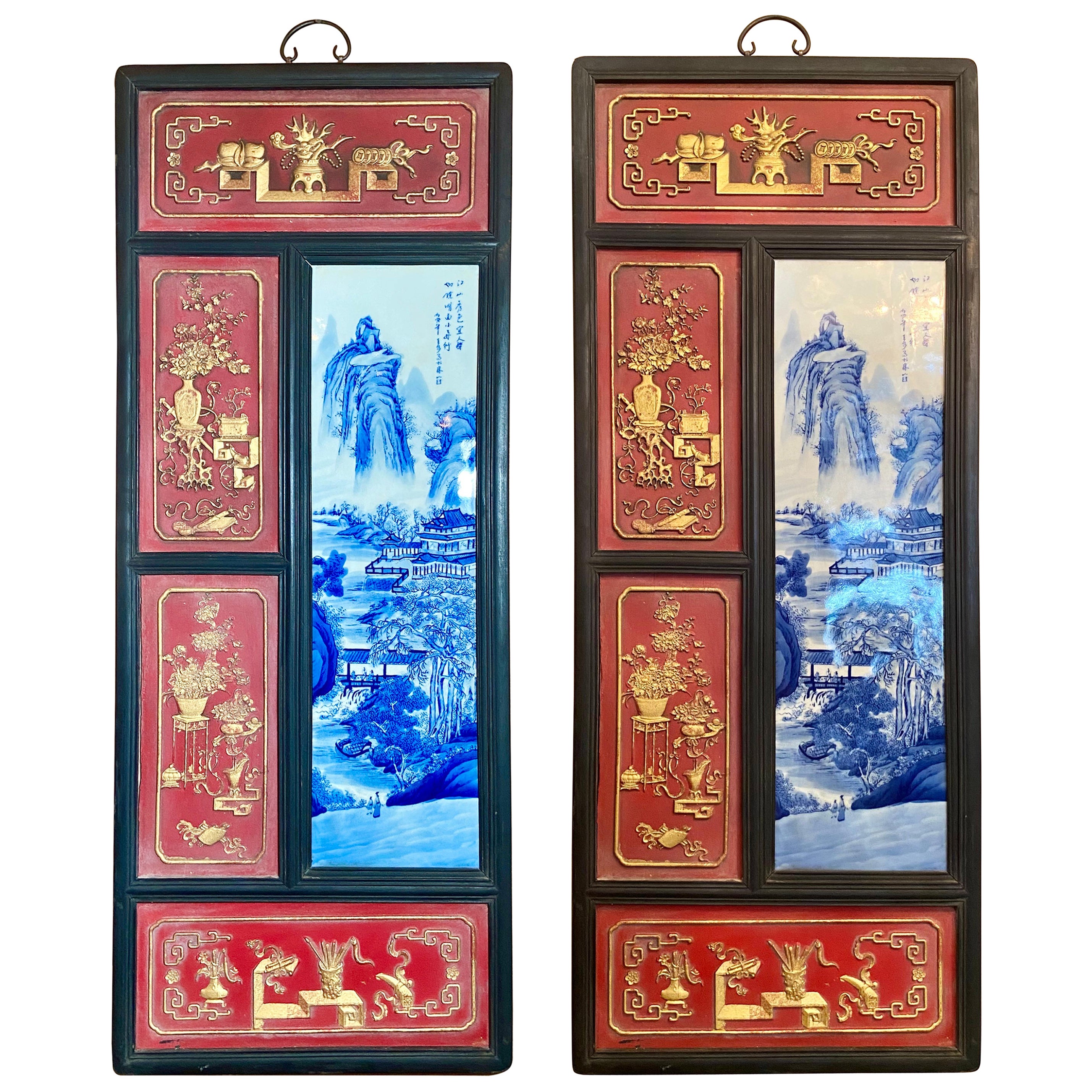 Pair Antique Chinese Blue & White Porcelain and Painted Wood Wall Panels Ca 1890