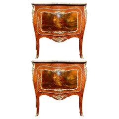 Pair Antique French Bronze Mounted Marble-Top "Vernis Martin" Kingwood Commodes