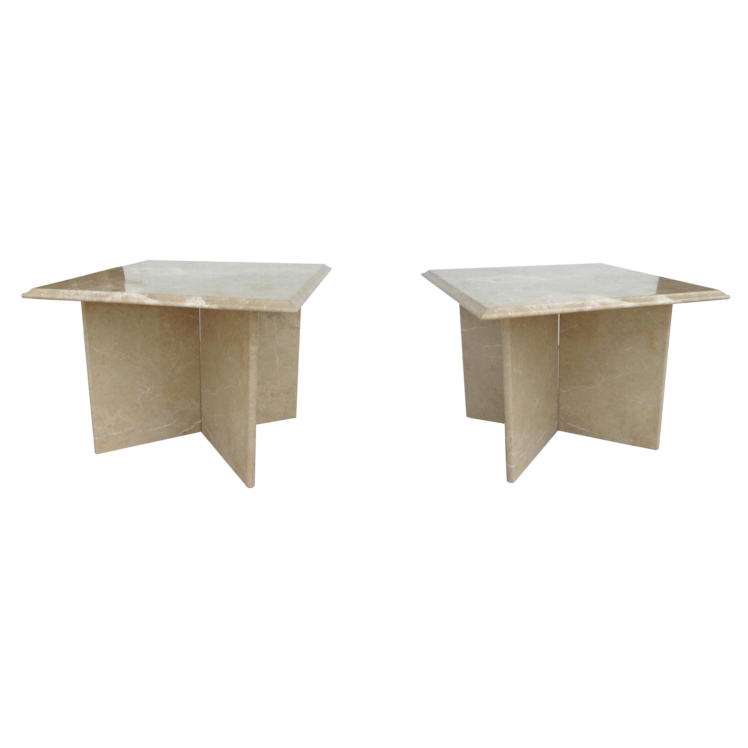 Pair 1970s Italian Travertine Pedestal Side Tables