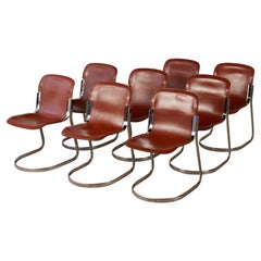 Set of 8 Willy Rizzo Chrome and Leather Dining Chairs for Cidue