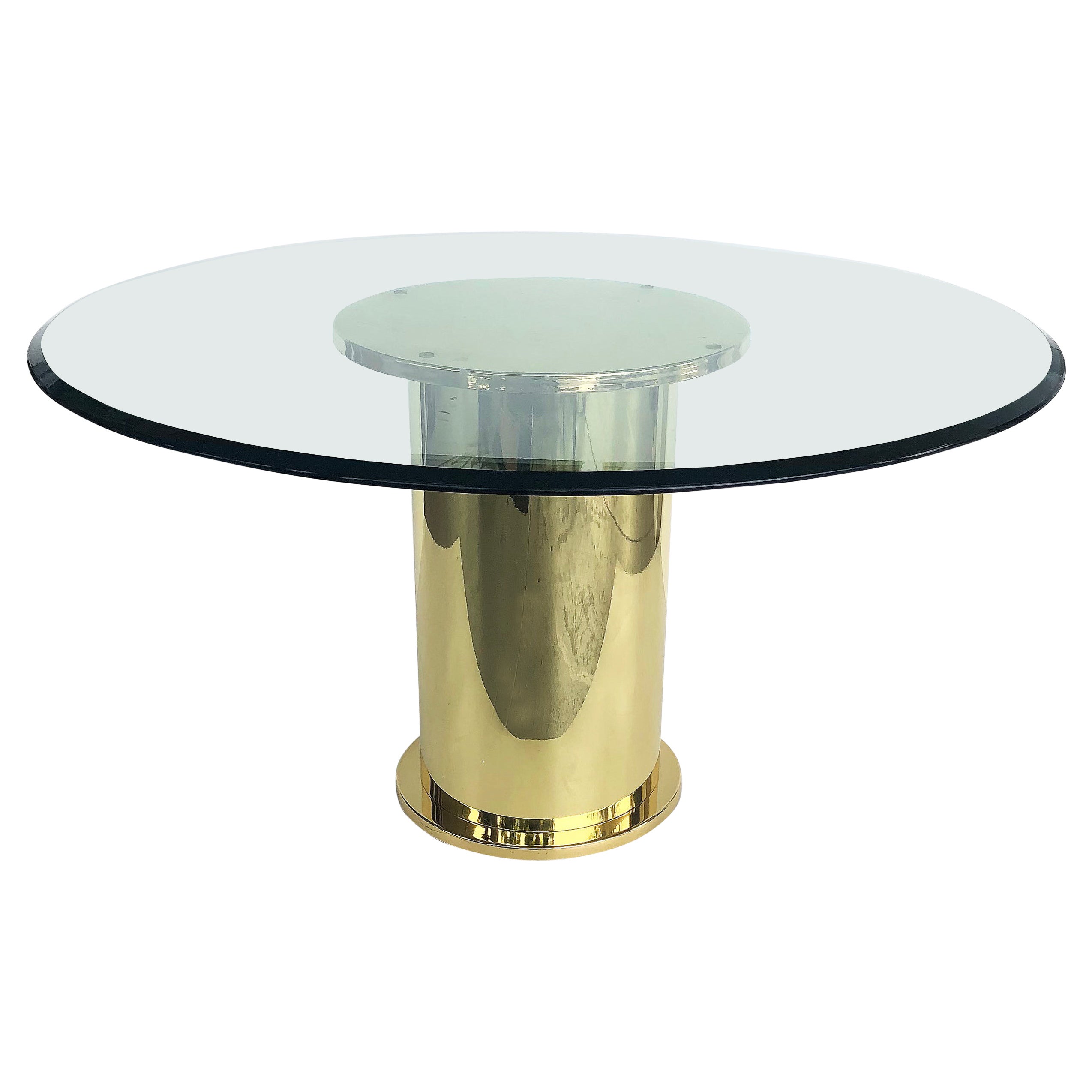 Vintage Polished Brass Dining Center Table with Glass Top