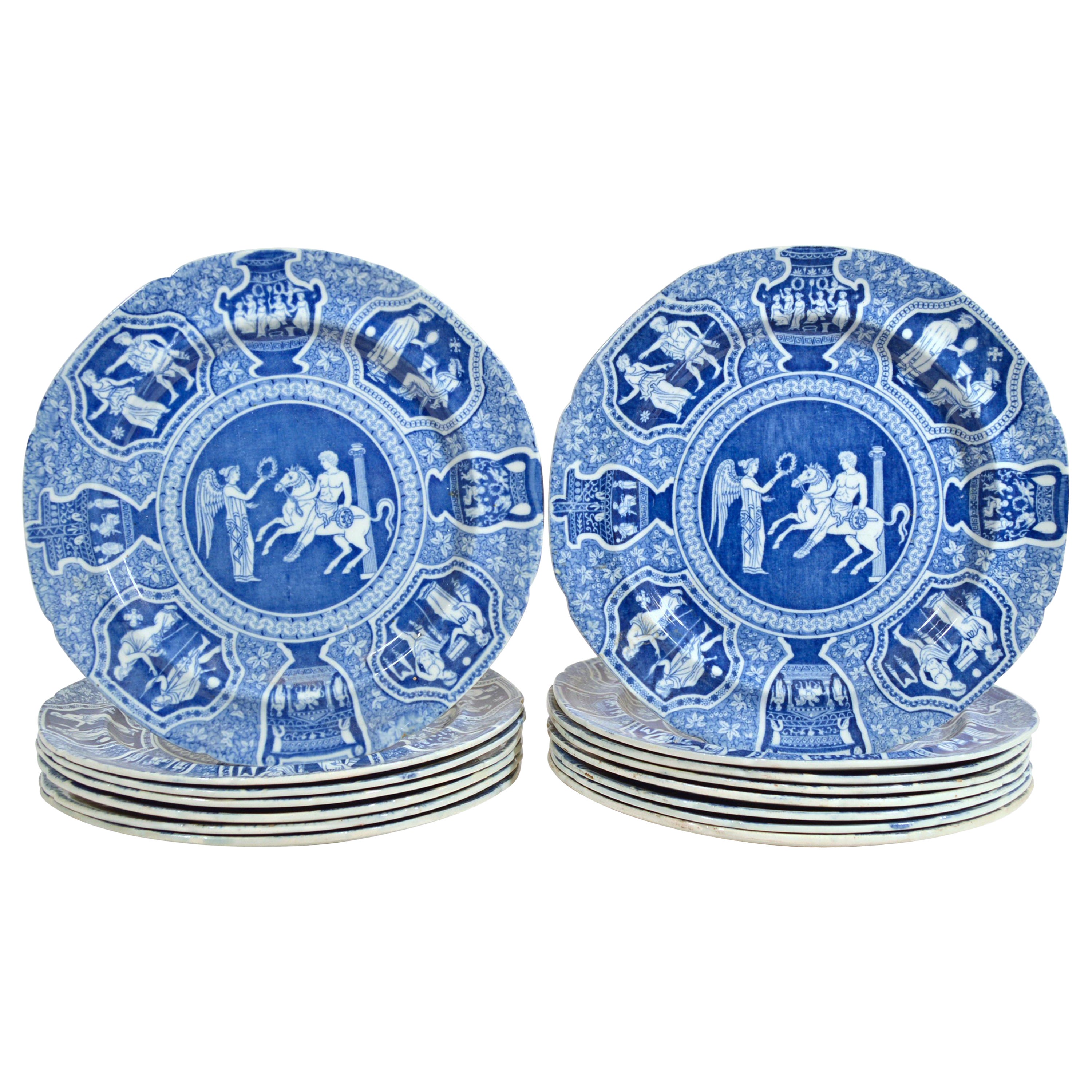 Spode Pottery Neoclassical Greek Pattern Blue Salad Plates Set of Fifteen