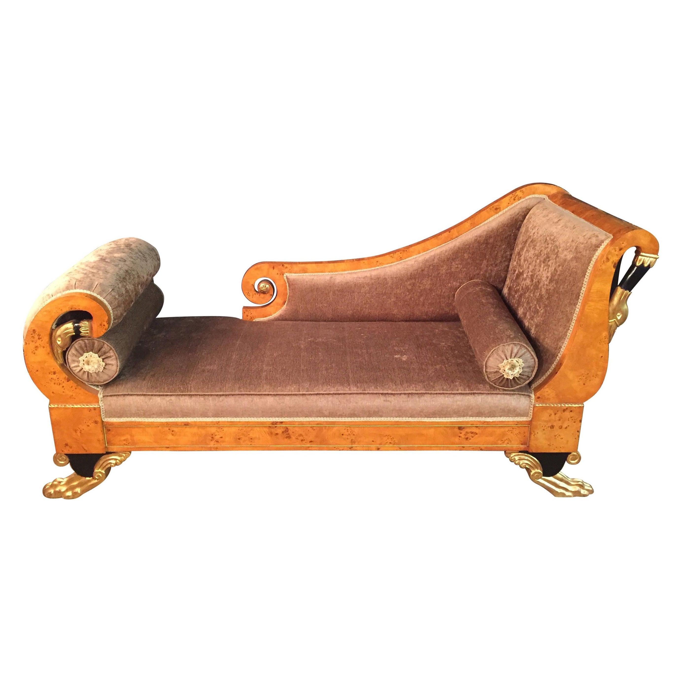 20th Century Antique Classizim Style Empire Swan Chaise Lounge Birdseye Maple For Sale