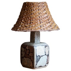 Swedish Designer, Table Lamp, Fossil Stone, Rattan, Sweden, 1970s