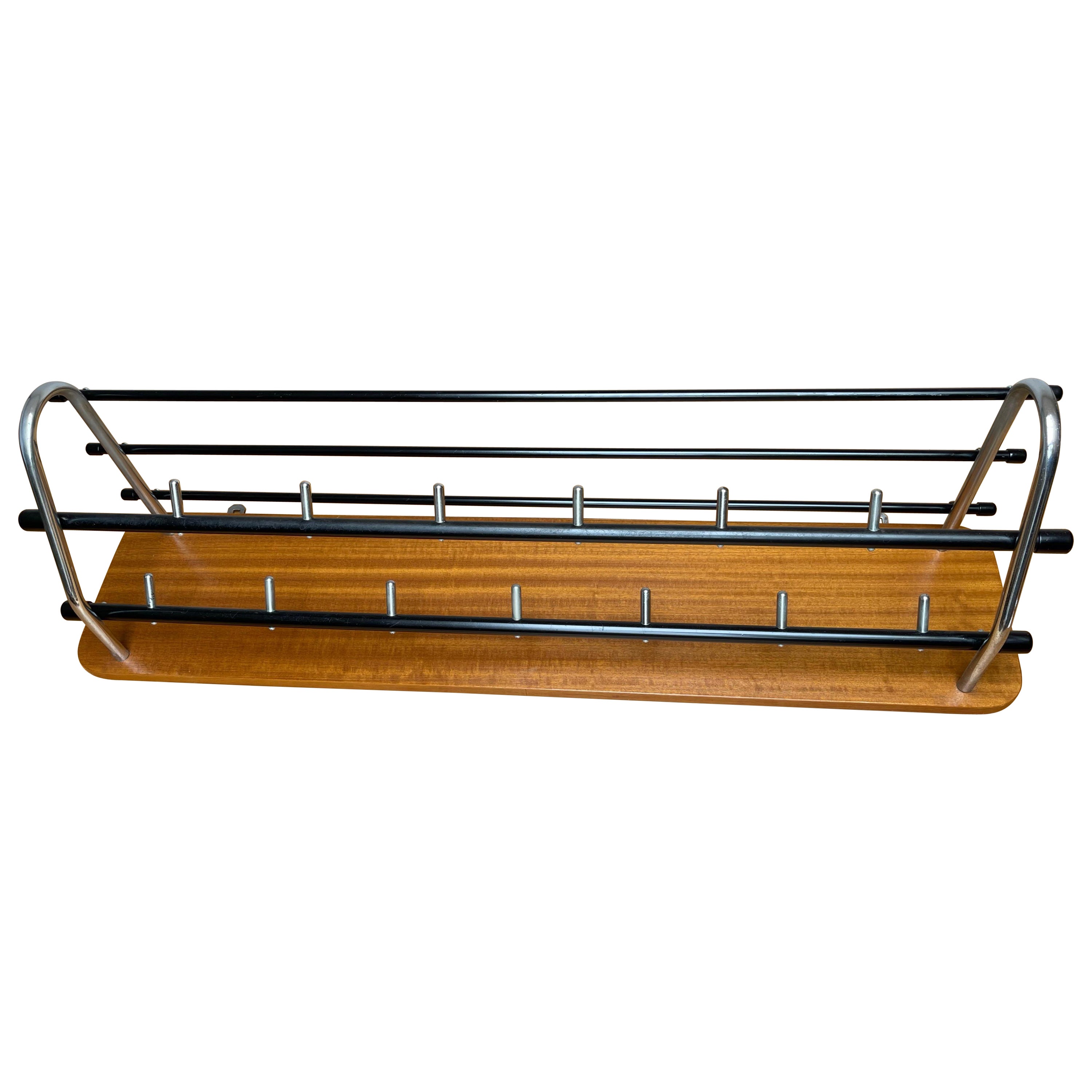 Stylish & Practical Mid-Century Modern Wood, Chrome and Blackened Wall Coat Rack For Sale