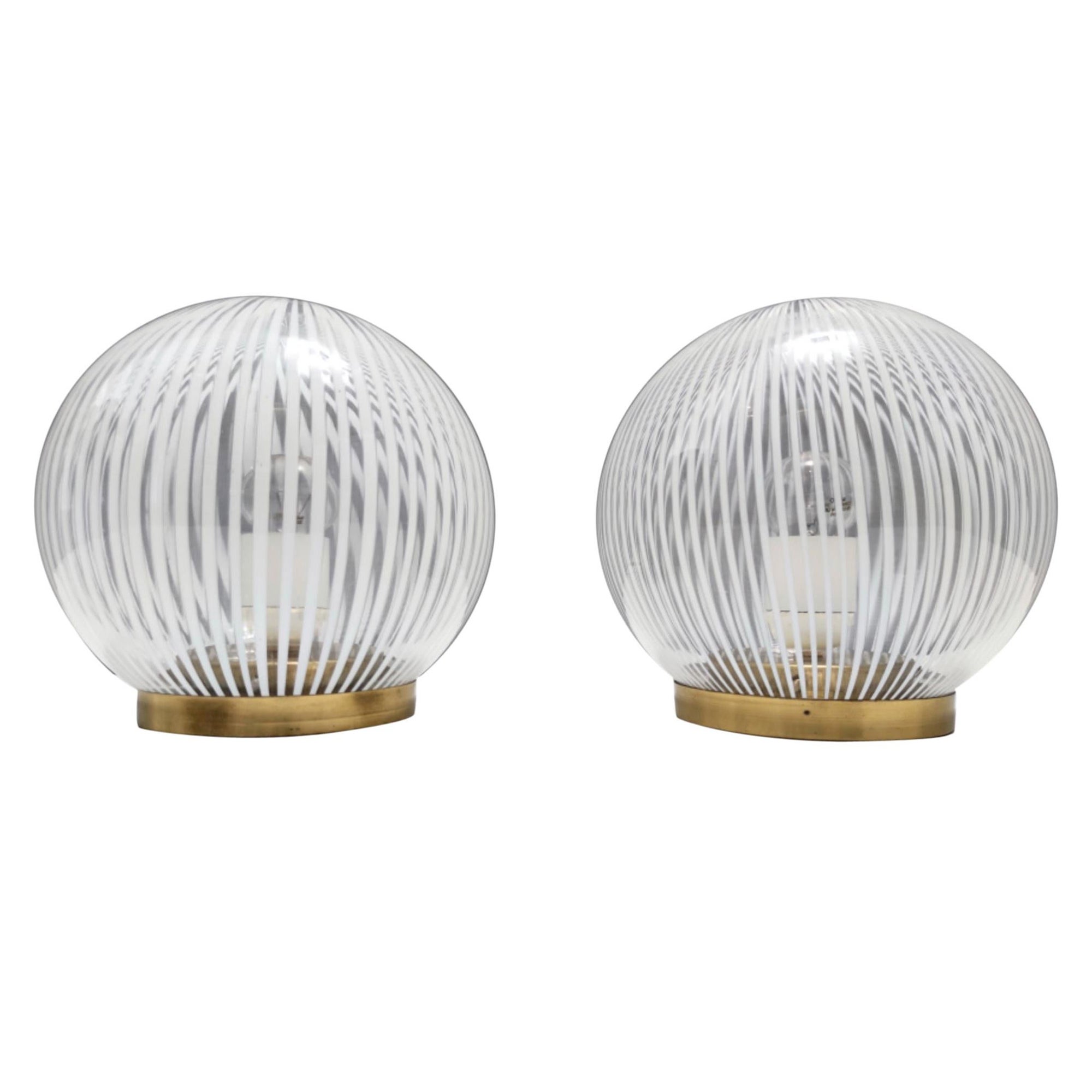 Pair of Vintage Spheric Murano Glass and Brass Table Lamps by Venini, Italy