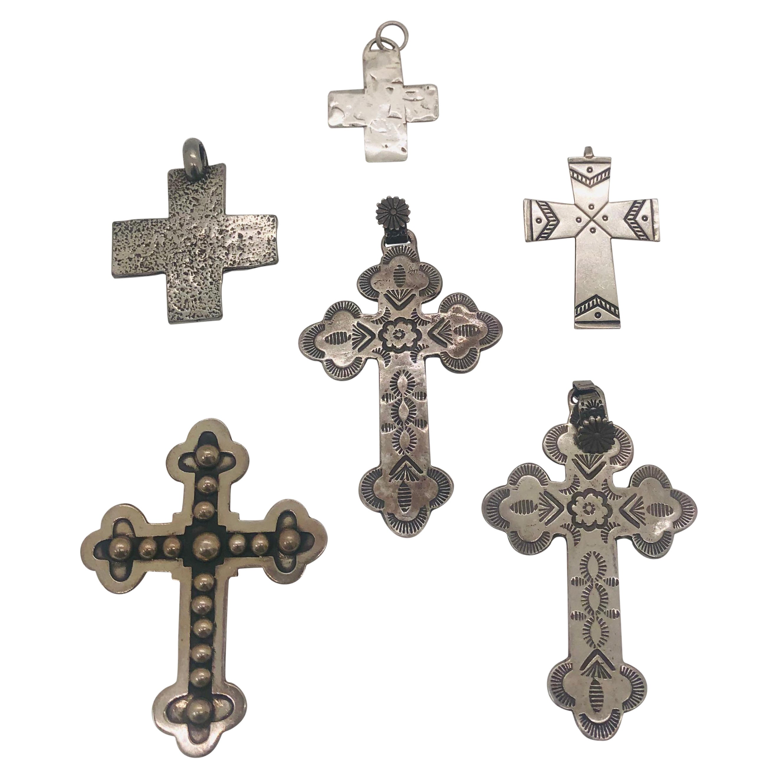 Antique Sterling Silver Cross Pendant Attributed to T Foree, a Set of 6 For Sale