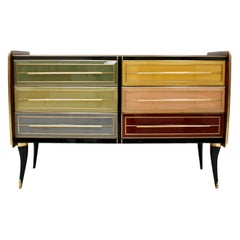Mid-Century Modern Solid Wood and Colored Glass Italian Sideboard
