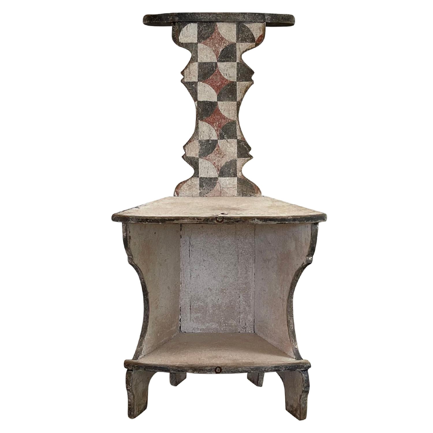 19th Century Grey-Ecru Italian Antique Tuscan Walnut Corner Chair Arte Povera