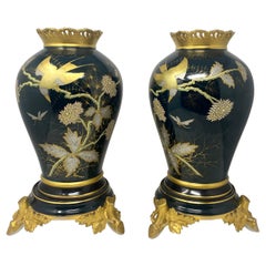 Pair Antique French Deep Navy Blue & Gold Old Paris Porcelain Vases, Circa 1840s