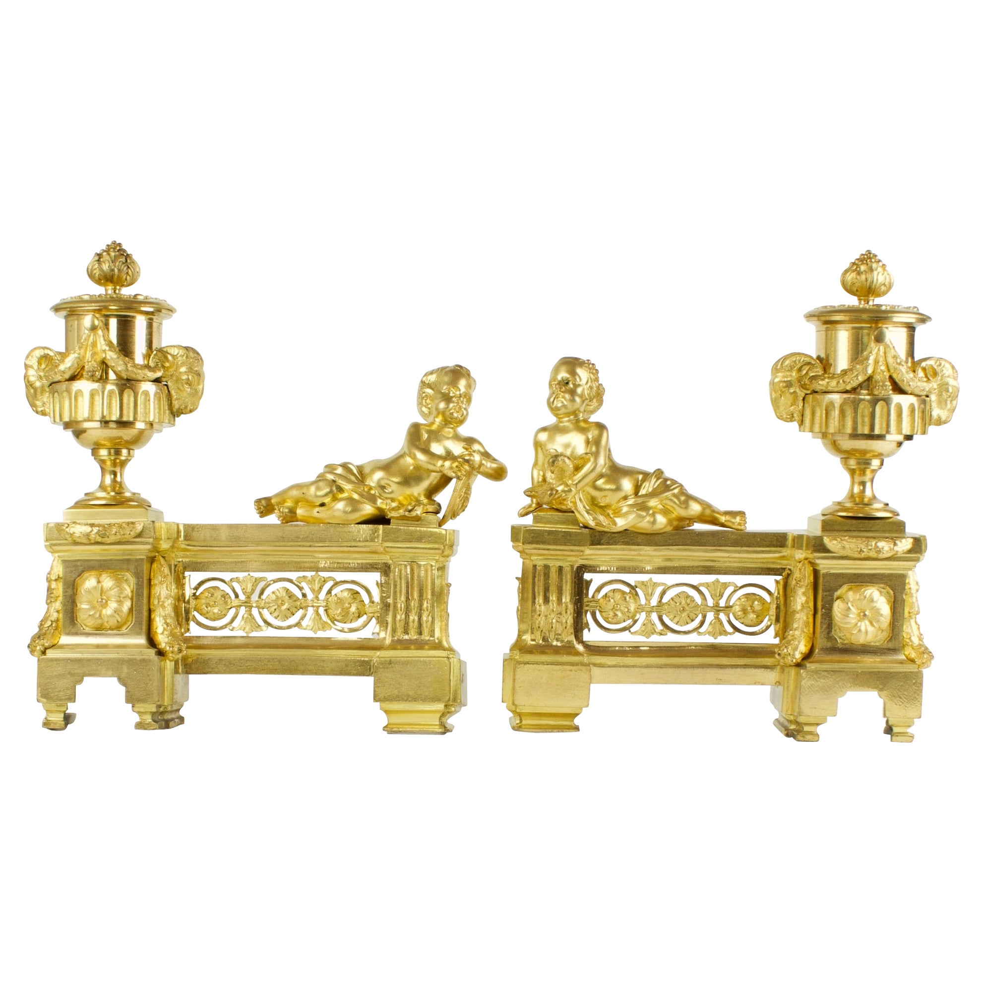 Pair of 18th Century Louis XVI Ormolu Firedogs / Andirons or Chenets with Putti