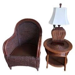 1980s Rattan Wicker and Rush Chair, Table, and Lamp Set