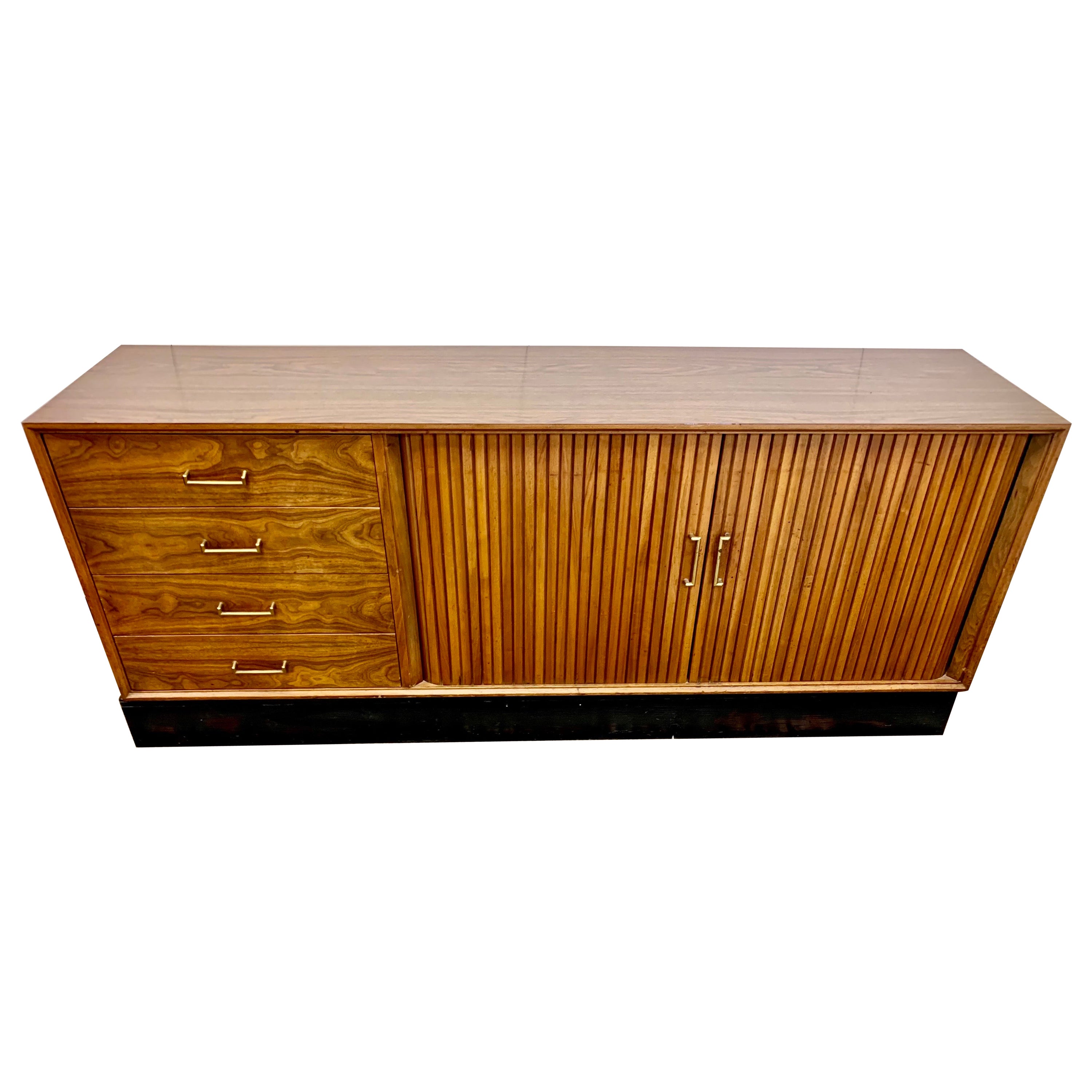 Mid Century Walnut Credenza Sideboard Buffet Credenza Dresser with Tambour Doors