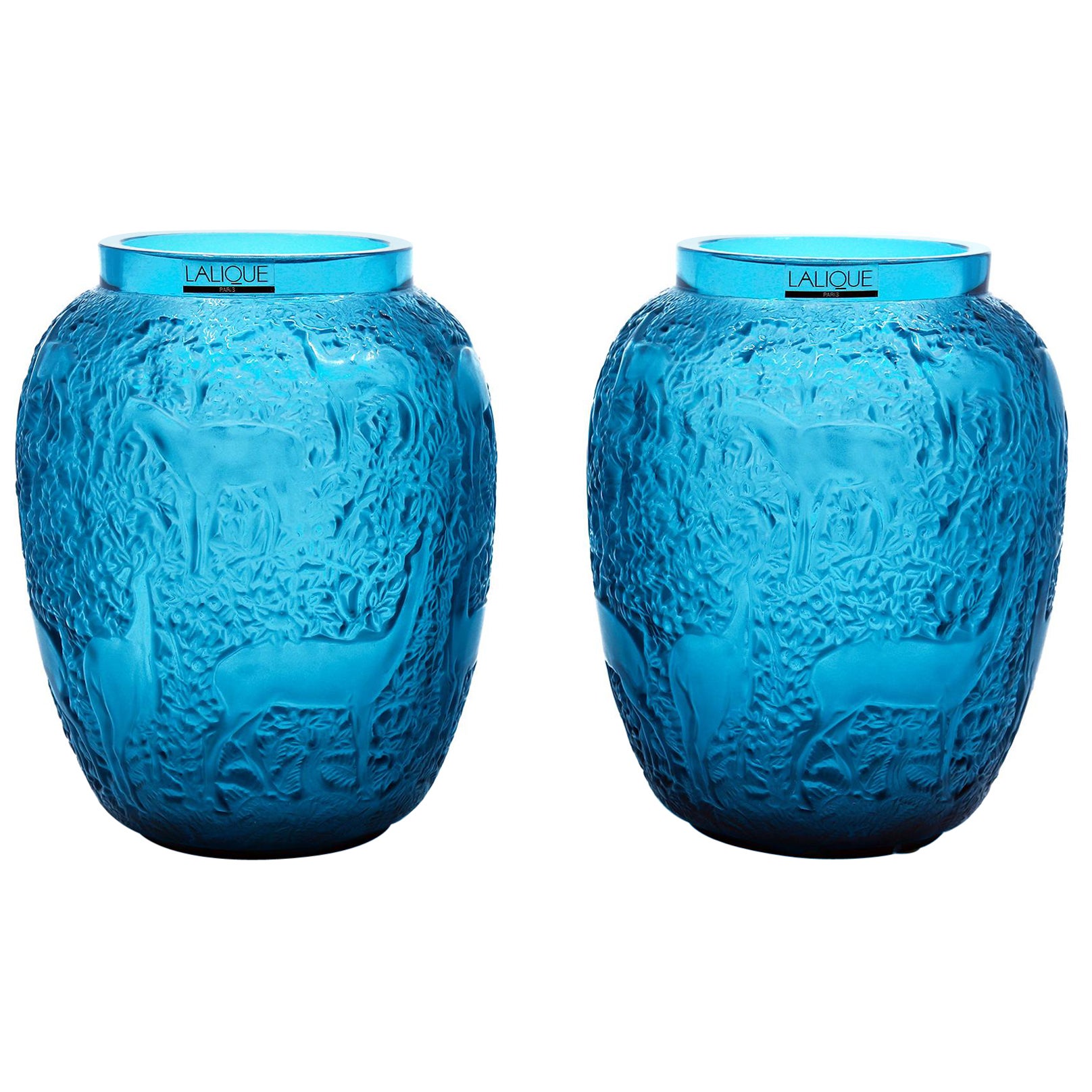 Pair of Turquoise Lalique Biches Vases