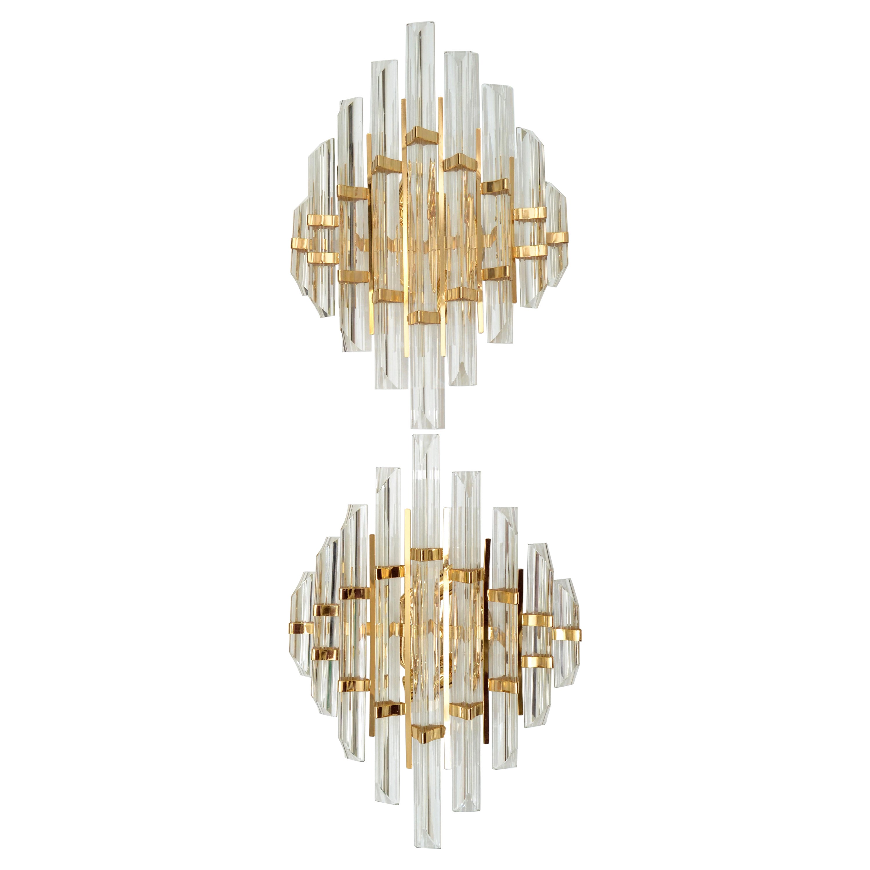 Venini Style Mid-Century Modern Italian Pair of Sconces Crystal & Brass Lights 