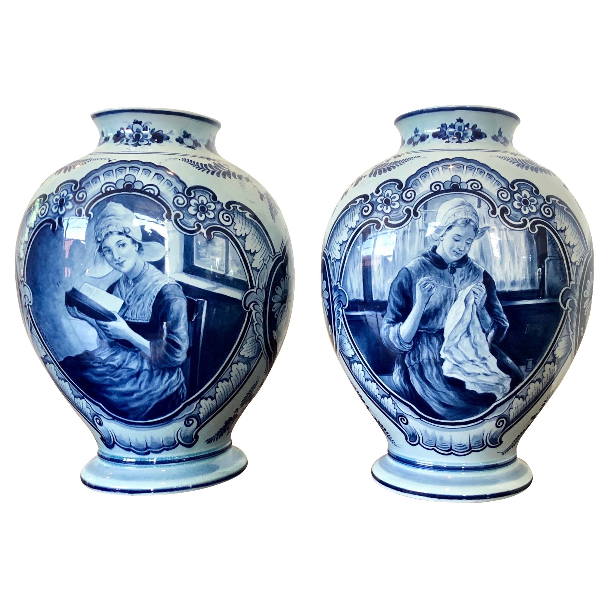 Pair of Large Delft Germany Faience Hand Painted Urns Vases